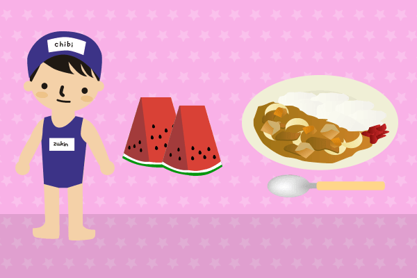 水着とスイカとカレーのイラスト