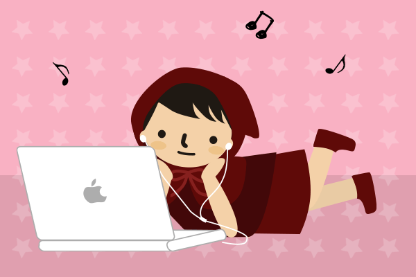 パソコンで音楽を聞くイラスト