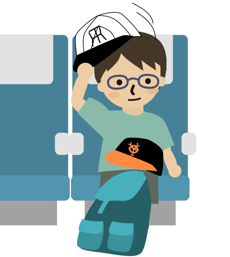 新幹線内で帽子を取り替える