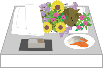 花いっぱいの猫と鮭