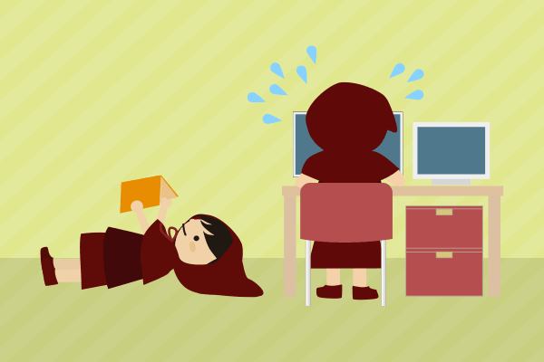 仕事をするう母の横でゴロゴロする子どものイラスト