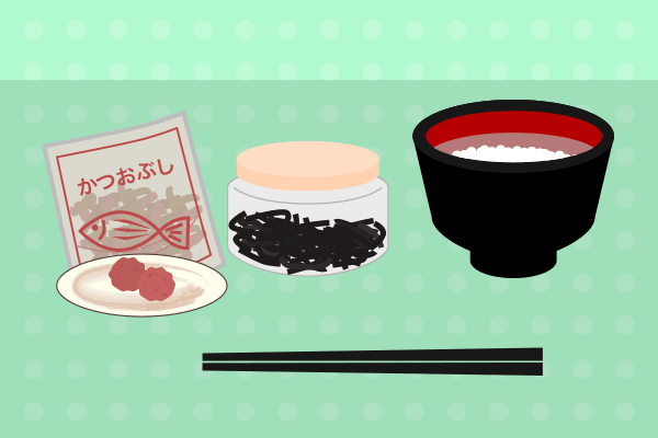 おかゆと鰹節、梅干し、昆布のイラスト